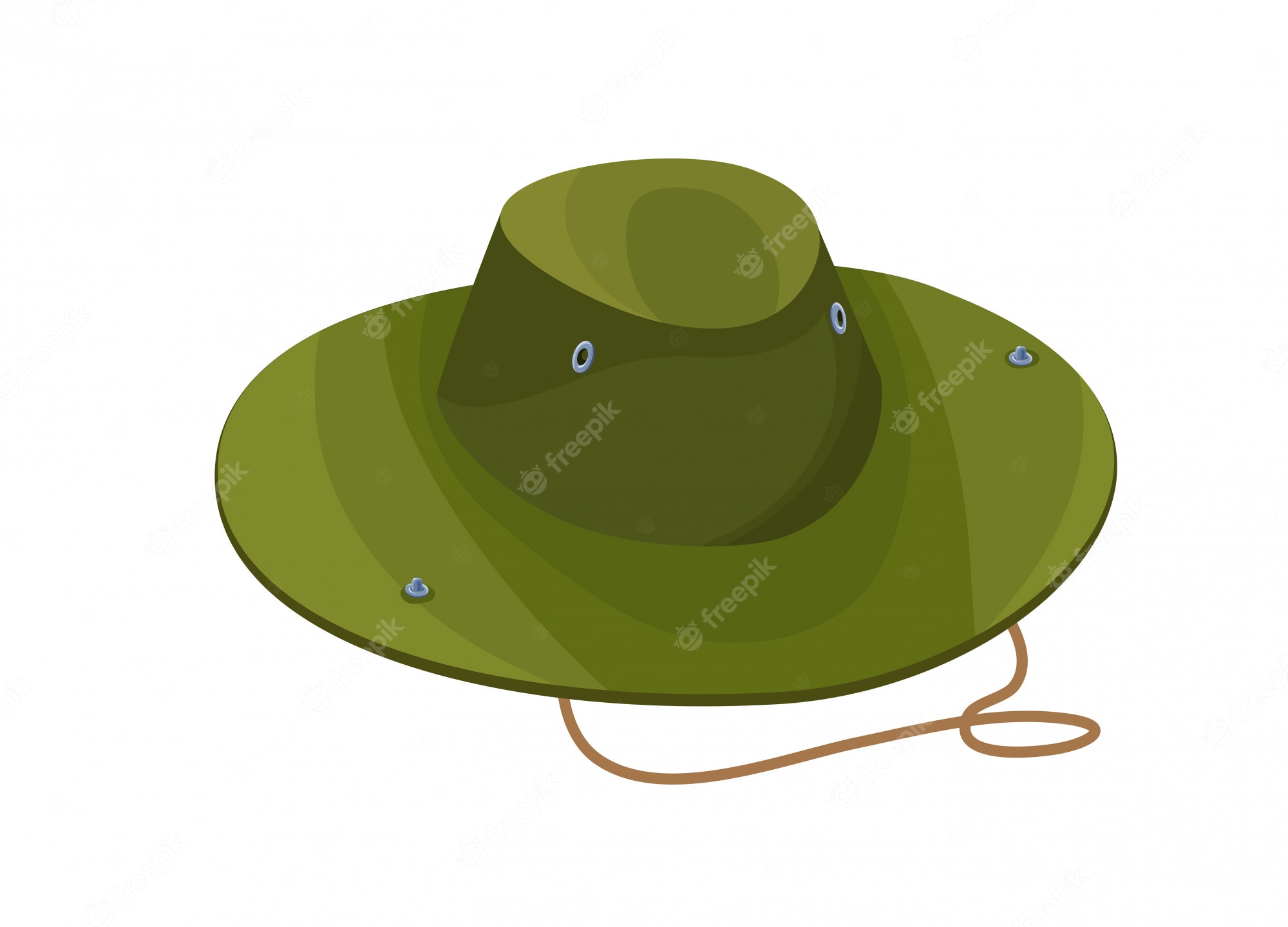 Olive green wide-brimmed outdoor hat with ventilation eyelets and chin strap.