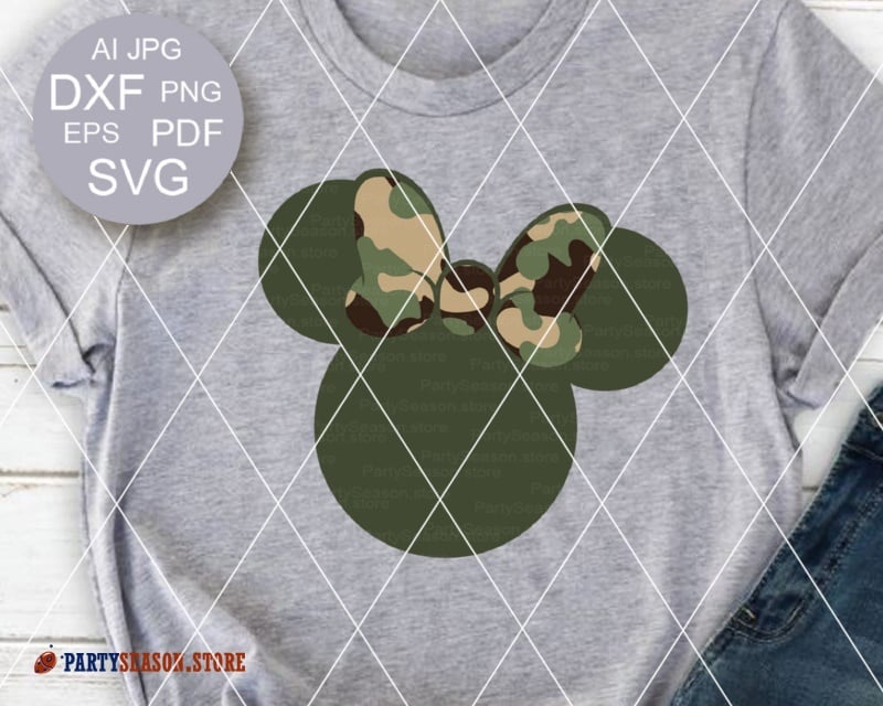 Gray t-shirt featuring a camouflage Mickey Mouse head design with file format icons (AI, JPG, DXF, PNG, EPS, PDF, SVG) overlay.