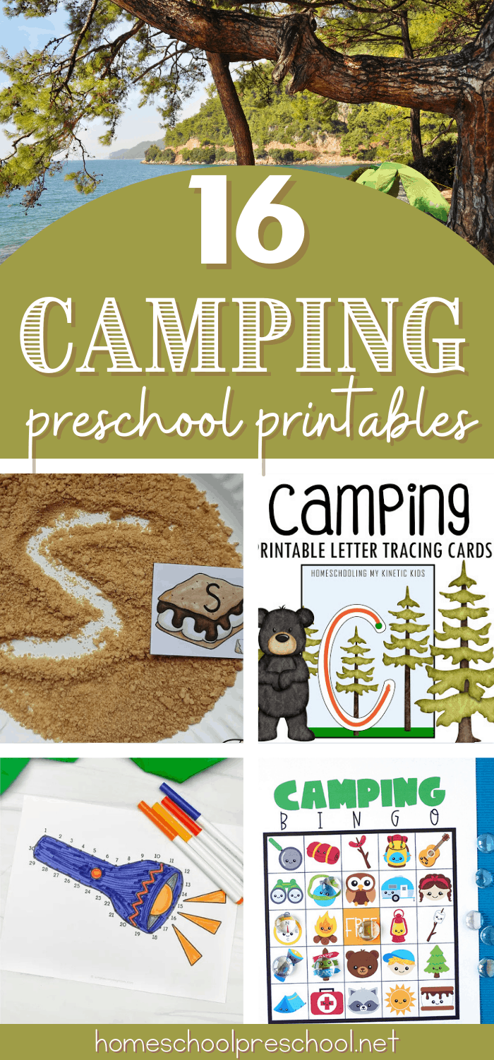 Collection of 16 camping-themed preschool printable activities including letter tracing, bingo, and sensory sand writing.