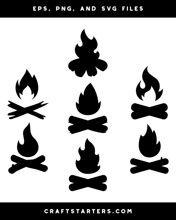 Collection of nine black-and-white campfire icon designs with flames and crossed logs, in EPS, PNG, and SVG formats.