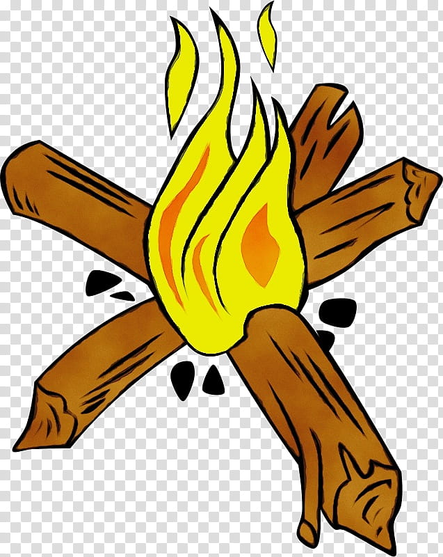 Cartoon-style campfire with yellow flames and crossed wooden logs on transparent background.
