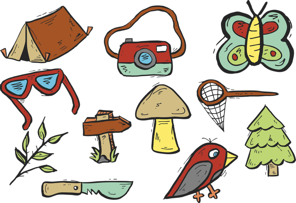 Hand-drawn illustrations of camping and nature exploration items including a tent, camera, butterfly, sunglasses, mushroom, net, bird, tree, knife, and signpost.