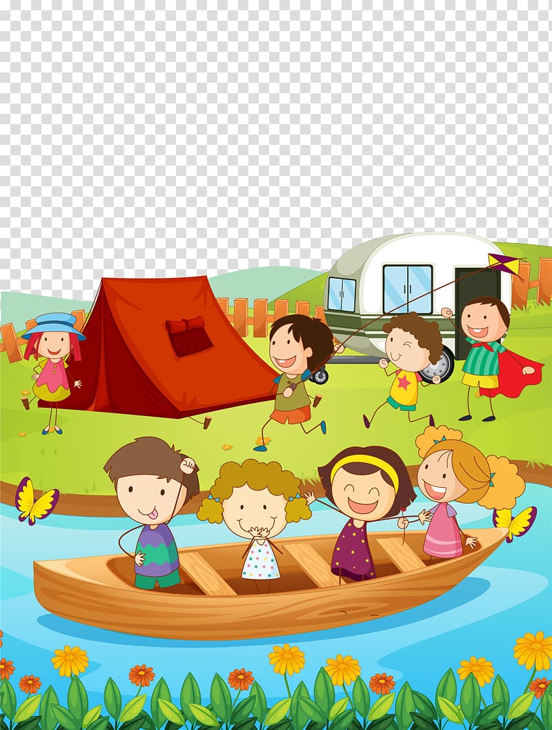 Happy children camping and boating in a colorful outdoor scene with tent, caravan, and flowers.