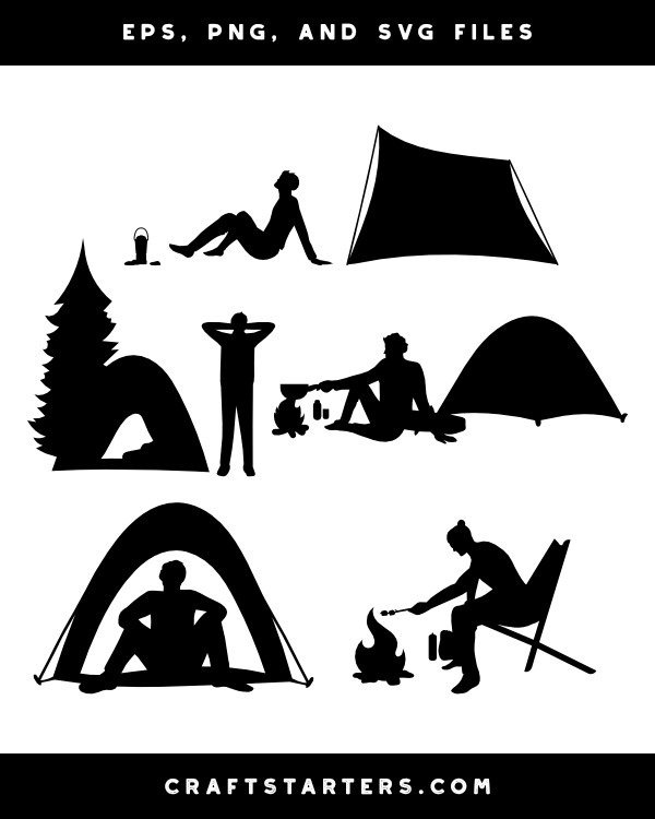 Black silhouette illustrations of camping scenes: tents, campfires, people relaxing, and a pine tree.