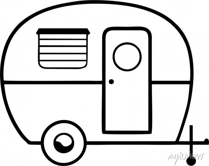 Simple black-and-white line drawing of a vintage teardrop trailer with door, window, and wheel.