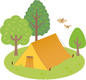 A bright orange tent pitched on a grassy patch surrounded by green trees, with two birds flying overhead in a peaceful outdoor scene.