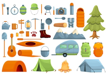 Camping Gear Icons Set - Outdoor Adventure Equipment Illustrations