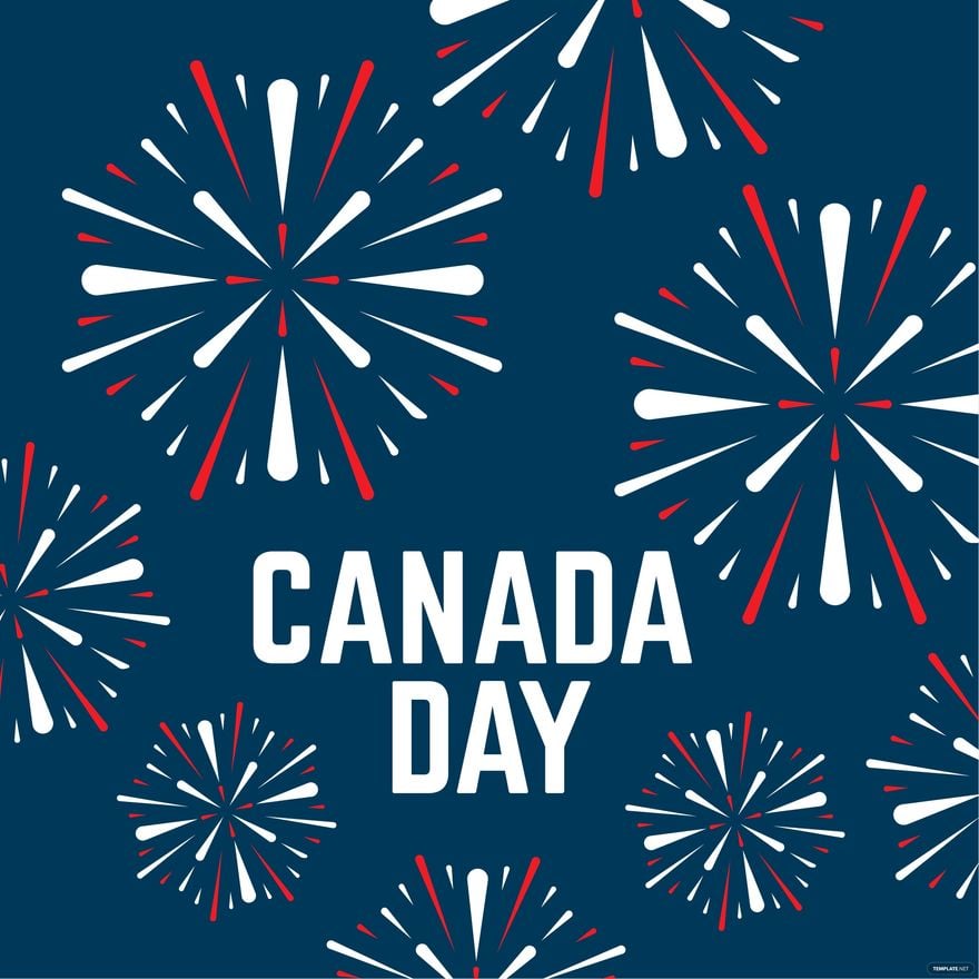 Canada Day celebration graphic with red and white fireworks on navy blue background.