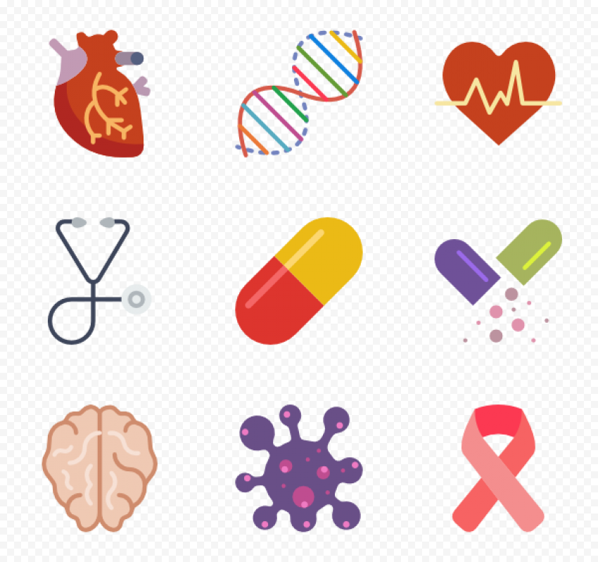 Collection of medical and health icons including heart, DNA, stethoscope, pill, brain, virus, and awareness ribbon.