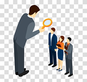 A hiring manager in a suit holds a magnifying glass over three job candidates, symbolizing recruitment evaluation.