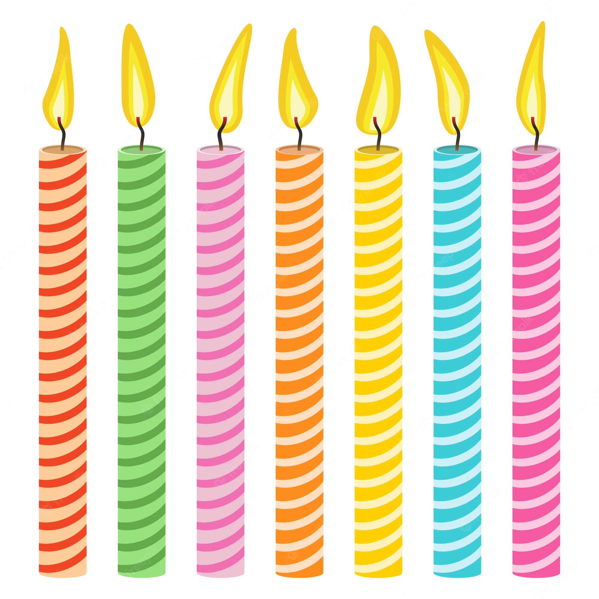 Seven colorful striped birthday candles with lit flames, arranged in a row on white background.