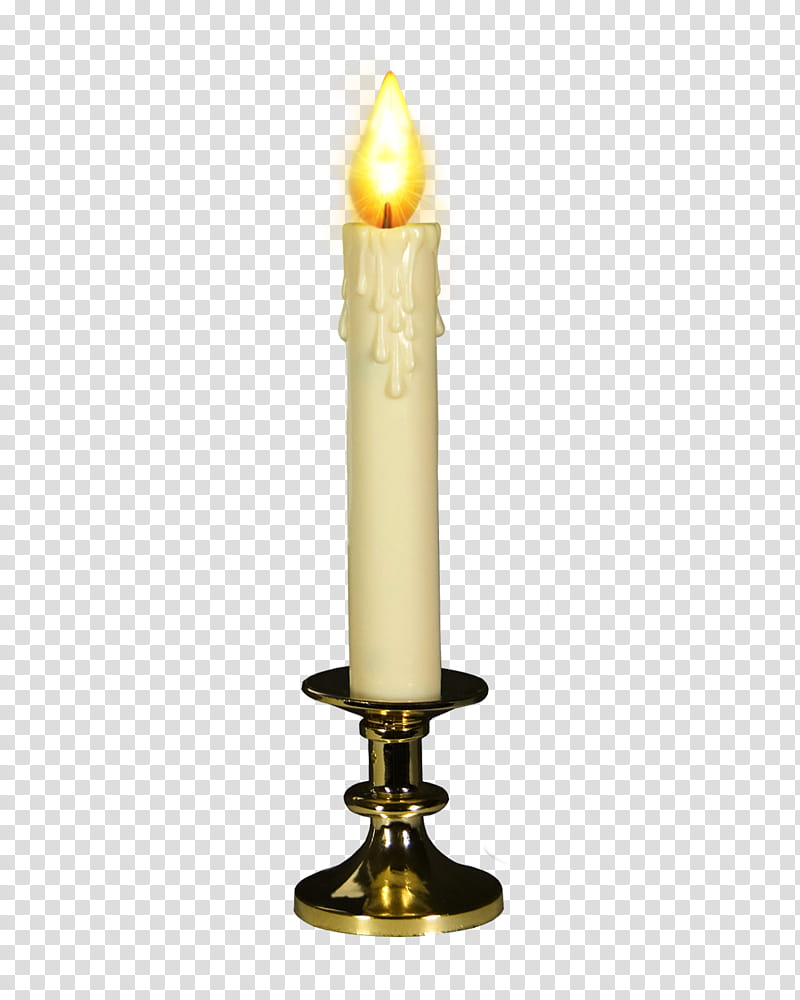 A lit cream-colored candle with dripping wax in a polished brass candlestick holder, set against transparent background.