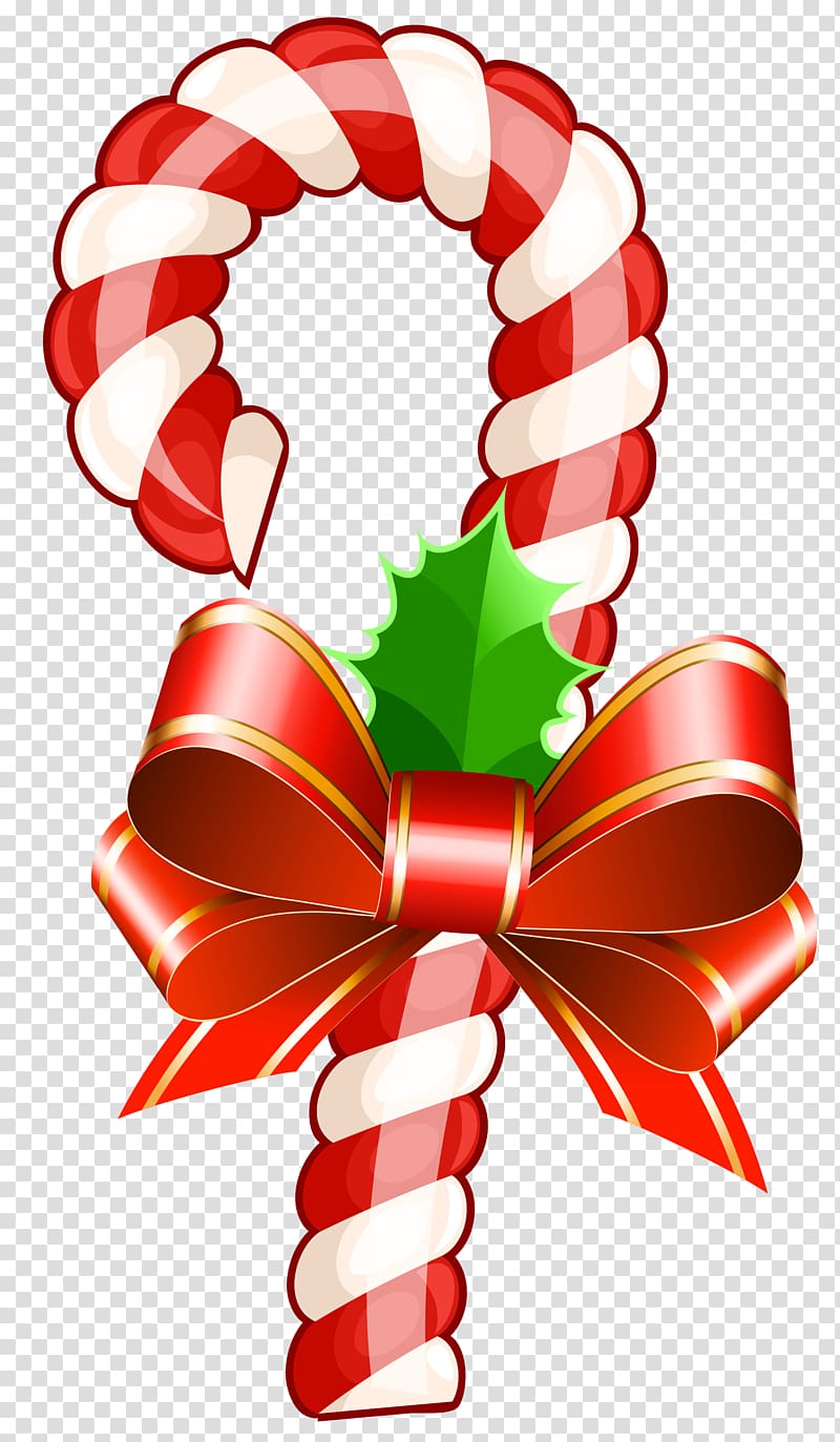 Festive red-and-white striped candy cane with a shiny red bow and holly leaf, set on transparent background.