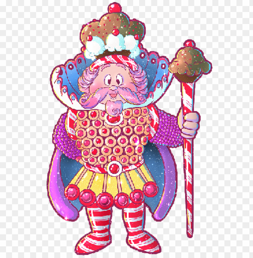 A whimsical candy-themed king with a donut armor, ice cream crown, and candy cane scepter, rendered in vibrant pixel-art style.