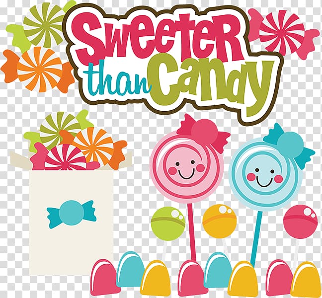 Colorful candy-themed graphic with "Sweeter than Candy" text, lollipops, swirl candies, and a gift bag.