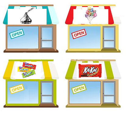 Four colorful cartoon candy shops with "OPEN" signs and popular brands like Hershey's Kiss, KitKat, and Skittles displayed.