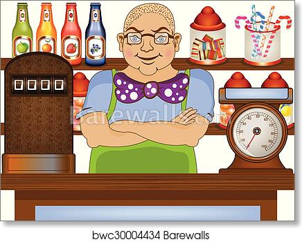 Friendly bald shopkeeper with glasses and bowtie stands behind a vintage candy and soda counter with scale and bottles.