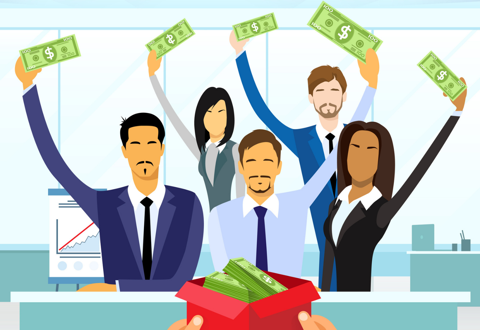 Business team celebrating financial success, holding $100 bills and a red box full of cash in an office setting.