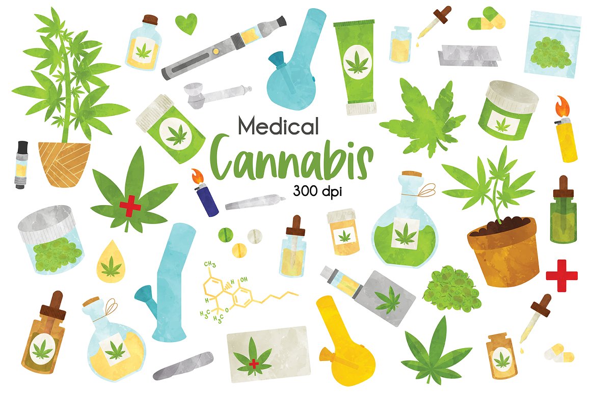 Illustrated collection of medical cannabis products including plants, oils, edibles, vapes, and lab equipment.