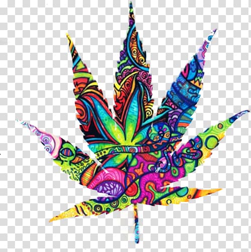 Psychedelic cannabis leaf illustration with vibrant, swirling patterns in rainbow colors on transparent background.