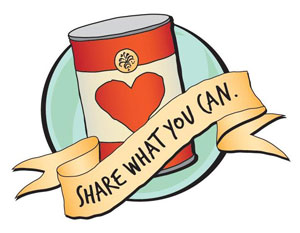 A red-and-white food can with a heart symbol, wrapped by a banner reading "SHARE WHAT YOU CAN."