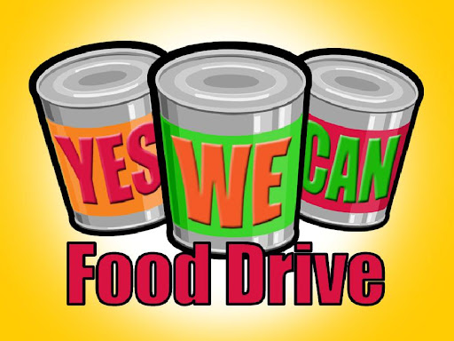 Three colorful canned goods spelling "YES WE CAN" above "Food Drive" text on yellow background.