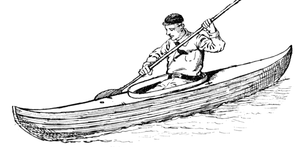 Man paddling a traditional wooden kayak with a double-bladed paddle on calm water, vintage line drawing style.