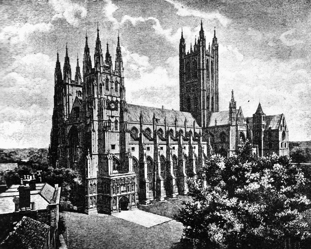 Engraving of a grand Gothic cathedral with soaring spires, flying buttresses, and intricate stonework under a cloudy sky.