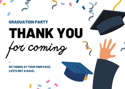 Graduation party invitation with caps, confetti, and "Thank You for Coming" text.