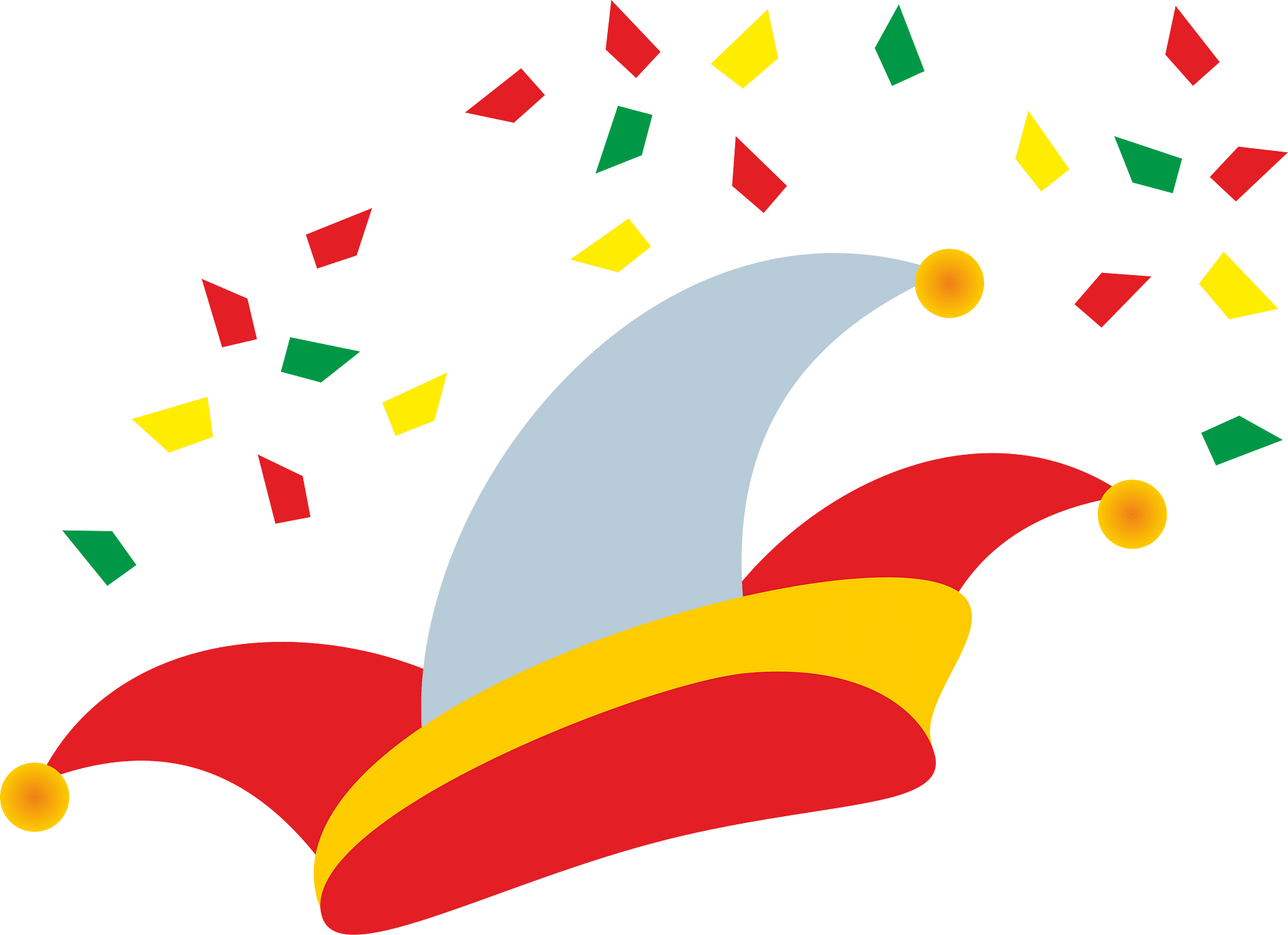 A colorful jester hat with red, yellow, and gray points topped with orange bells, surrounded by red, yellow, and green confetti on a green background.