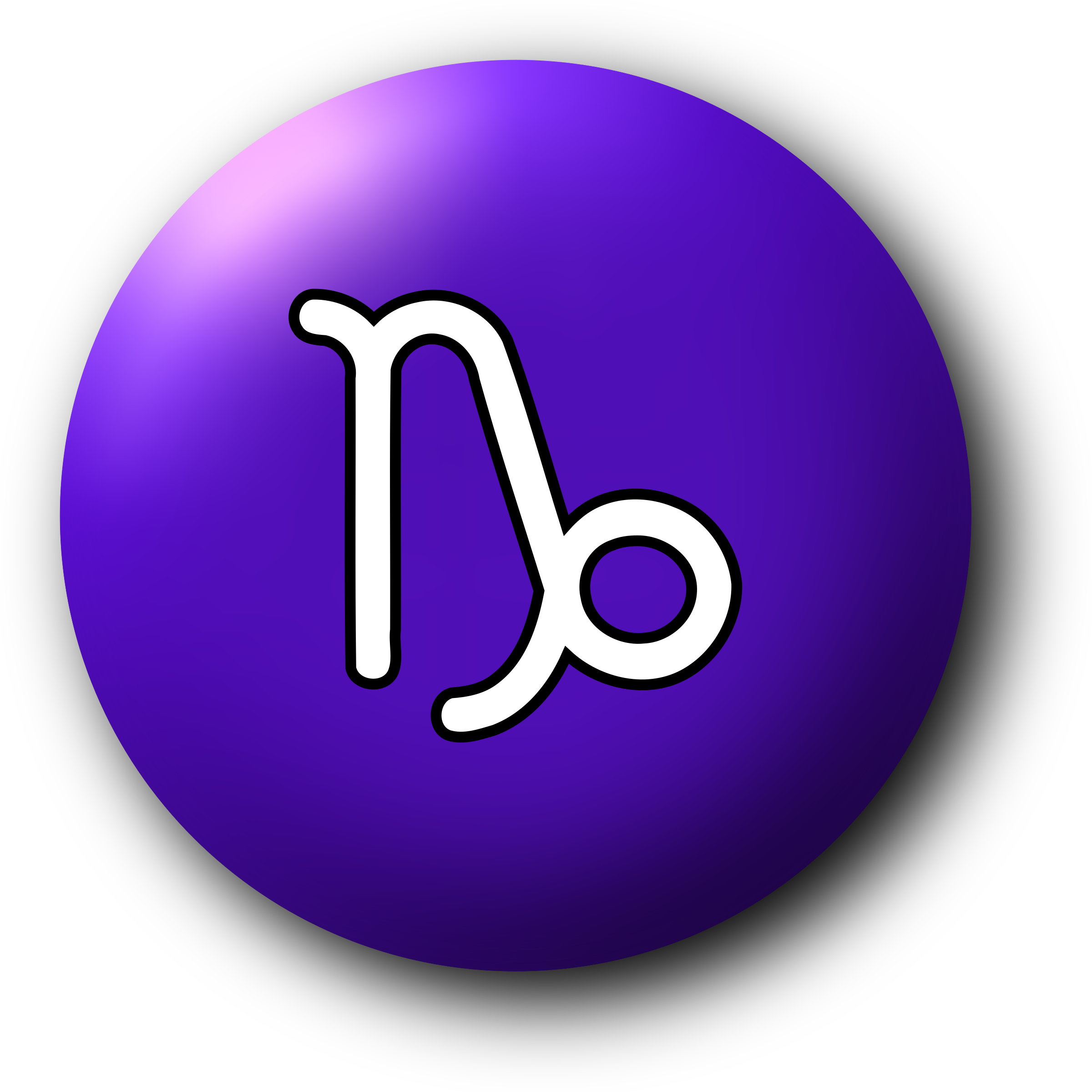 Capricorn zodiac symbol in white on a gradient purple sphere with light highlight.