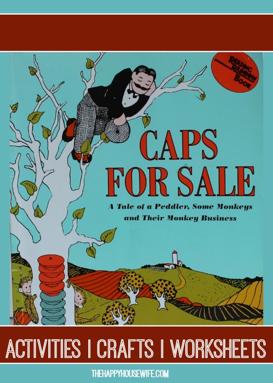 Book cover of "Caps for Sale" showing a peddler sleeping in a tree with monkeys and stacked caps below.