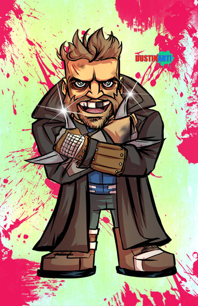 Chibi-style cartoon of a rugged, grinning warrior in a trench coat with spiked gauntlets, against a splattered green-and-pink background.