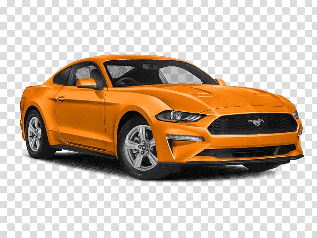 Vibrant orange 2018+ Ford Mustang coupe with sleek lines, LED headlights, and iconic pony grille on transparent background.