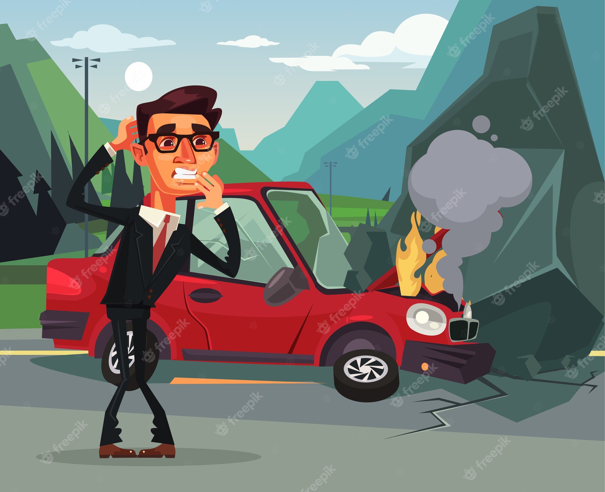 Panicked businessman in suit stands beside crashed red car engulfed in flames against mountain backdrop.