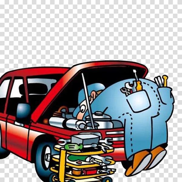 Cartoon mechanic in blue overalls working under the hood of a red car with tools and a toolbox nearby.