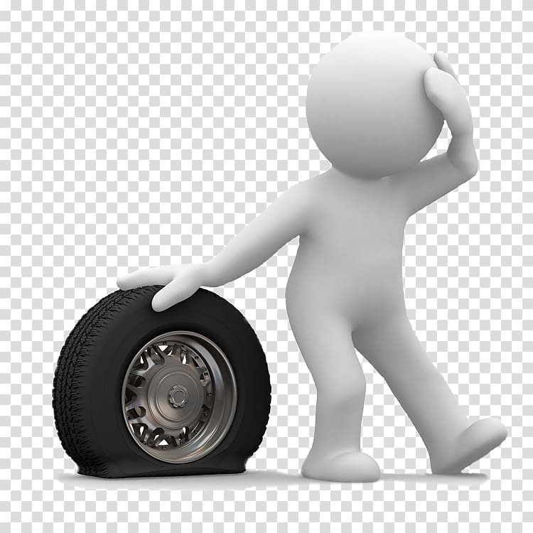 White 3D figure holding head in frustration beside a flat tire on a transparent background.