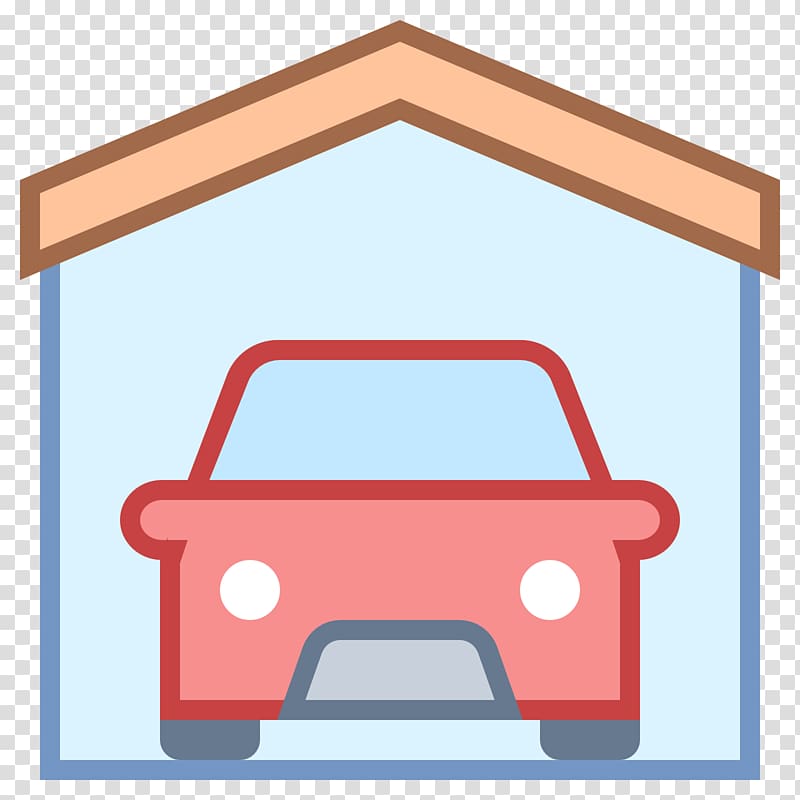 Red car parked inside a simple garage with gabled roof, illustrated in flat design style.