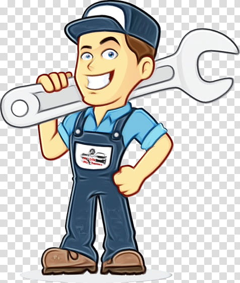 Friendly cartoon mechanic holding a large wrench over his shoulder, wearing blue overalls and cap.