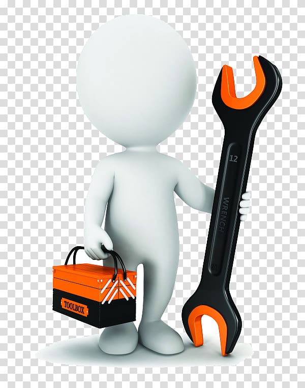 White 3D character holding a large orange-and-black wrench and an orange toolbox labeled "TOOLBOX".