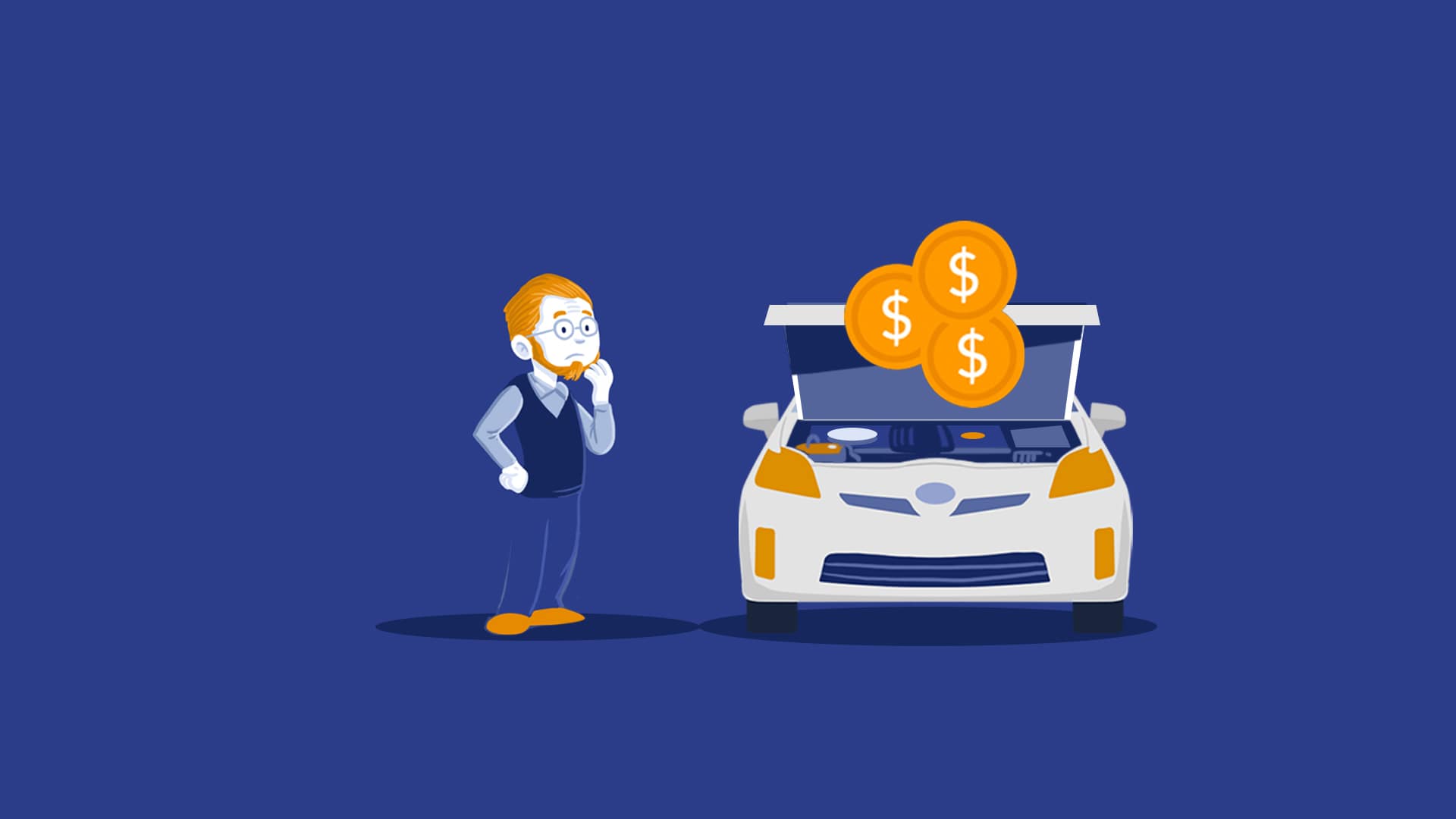 A worried man with glasses and beard stands beside a white car with open hood and floating dollar coins, symbolizing car repair costs.