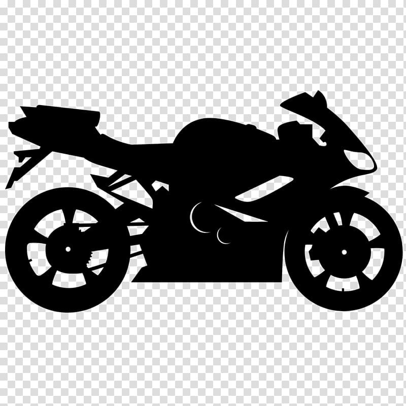 Black silhouette of a sport motorcycle on transparent background, showing sleek fairings, dual wheels, and aerodynamic design.