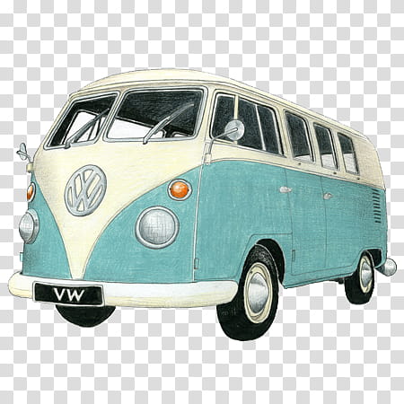 Vintage turquoise and cream Volkswagen Type 2 bus illustration with classic VW logo and chrome details.