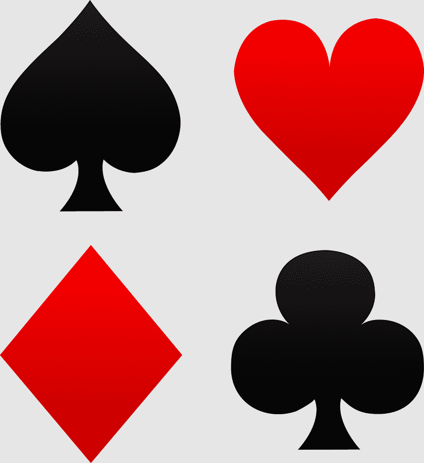 Four classic playing card suits: spade, heart, diamond, and club in black and red on a light gray background.