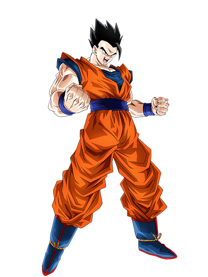 Goku in his iconic orange gi and blue undershirt, fists clenched, ready for battle with intense expression.