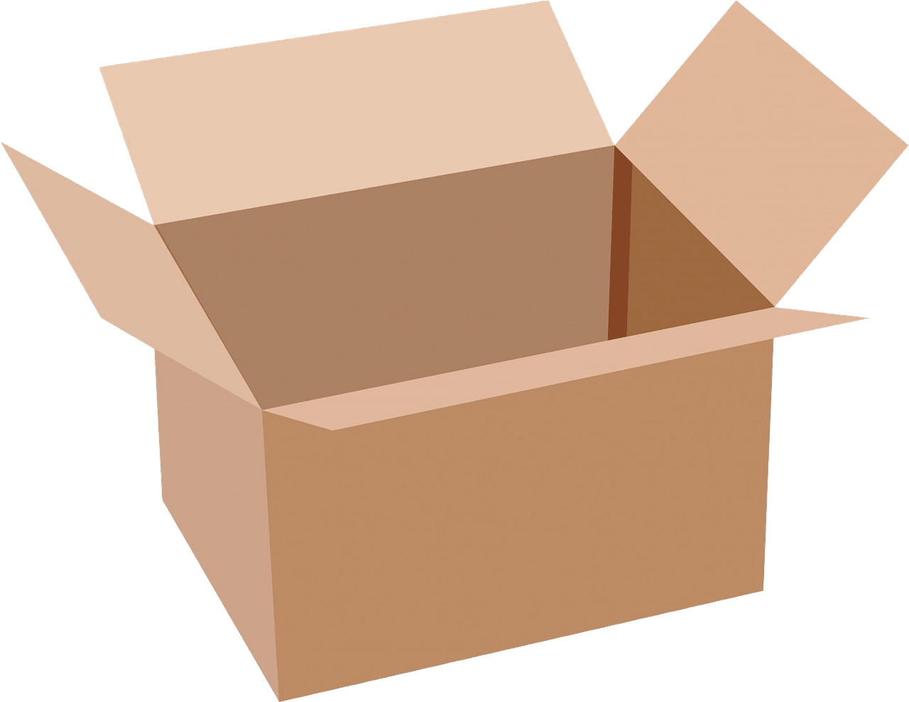 Open brown cardboard shipping box with flaps extended, empty interior visible against teal background.