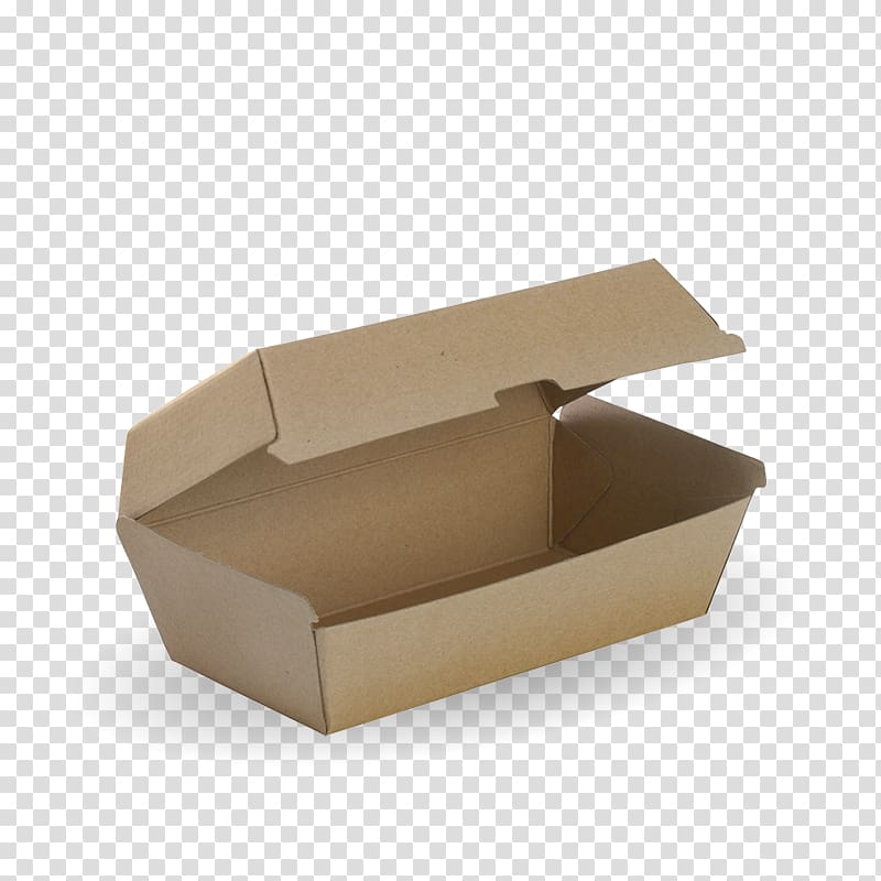 Open brown kraft paper food container with hinged lid on transparent background.