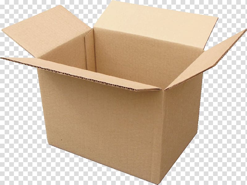Empty open brown cardboard shipping box with flaps extended, isolated on transparent background.
