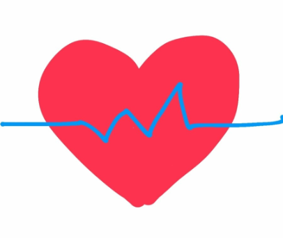 Red heart icon with blue ECG waveform line passing through it, symbolizing heartbeat and cardiac health.