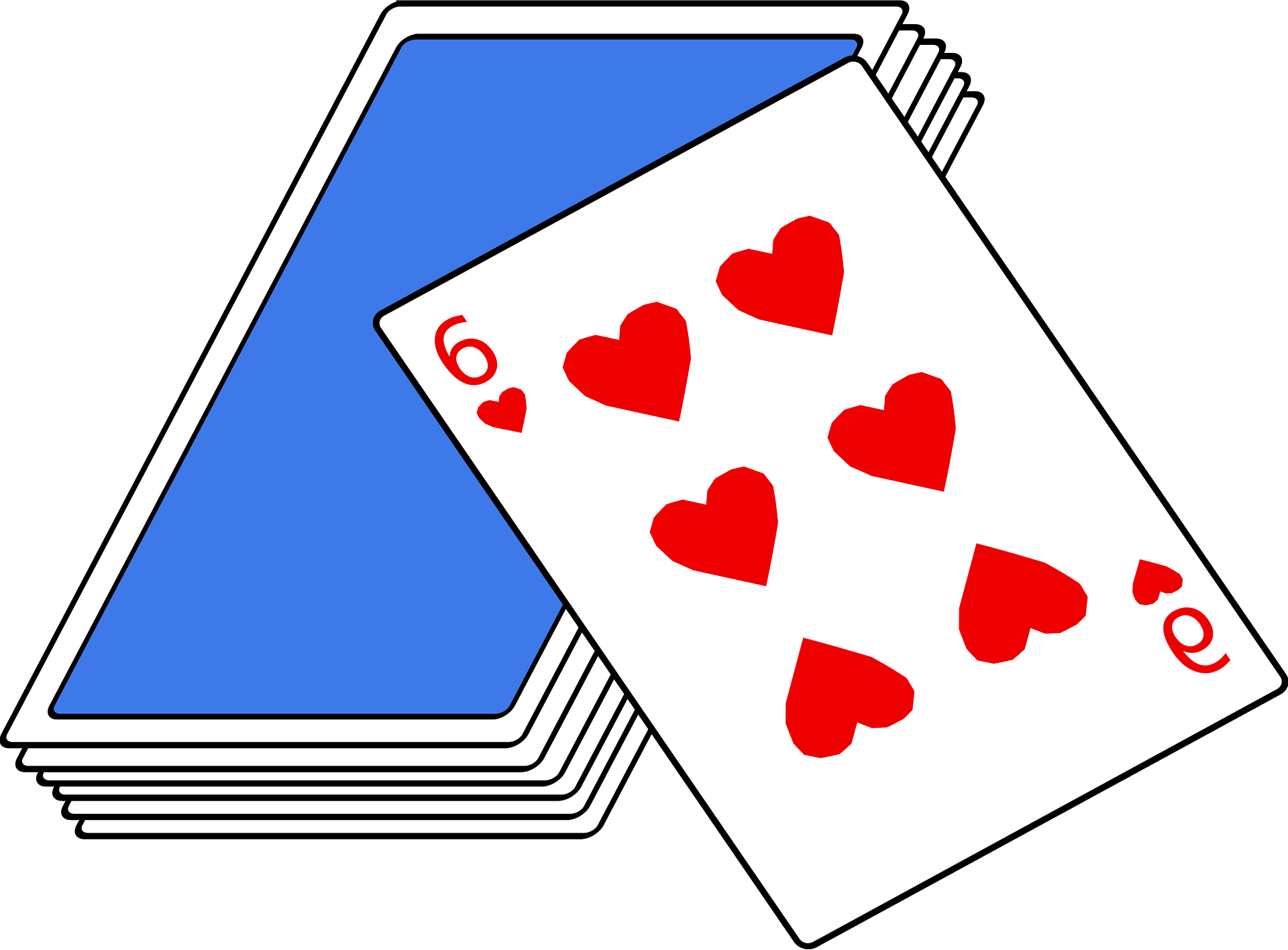 Six of Hearts playing card fanned over a blue-backed deck, stylized illustration.